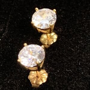 Vintage CZ Solitaire Vermeil Gold Stud Earrings 925 Sterling Silver Signed CC